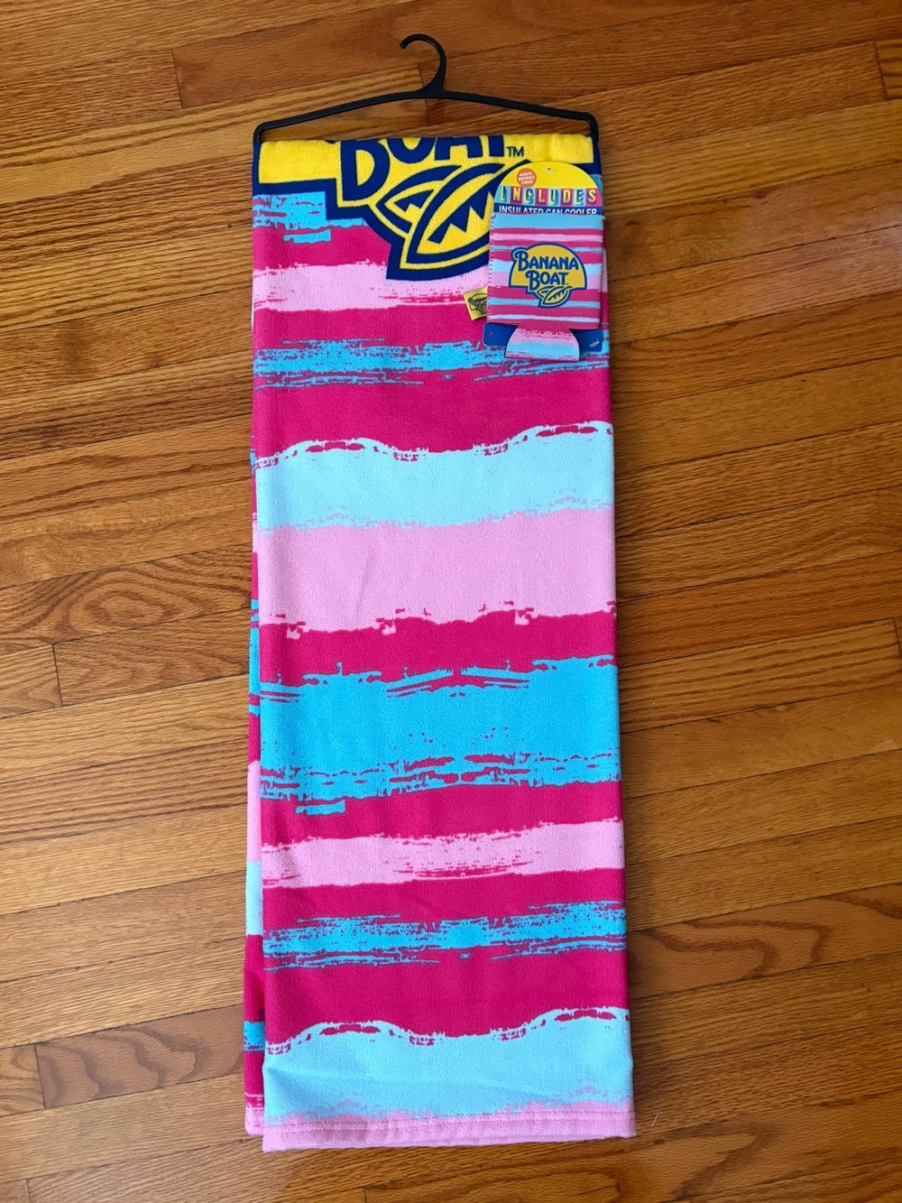 Banana Boat Bright Pink & Turquoise Striped Towel with Insulated Can Cooler